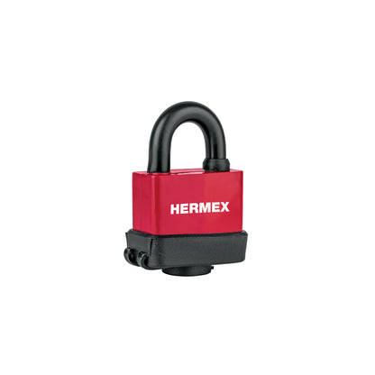 Candado laminado HERMEX de 50 mm con recubrimiento de plástico para mayor protección. Ideal para uso en interiores y exteriores