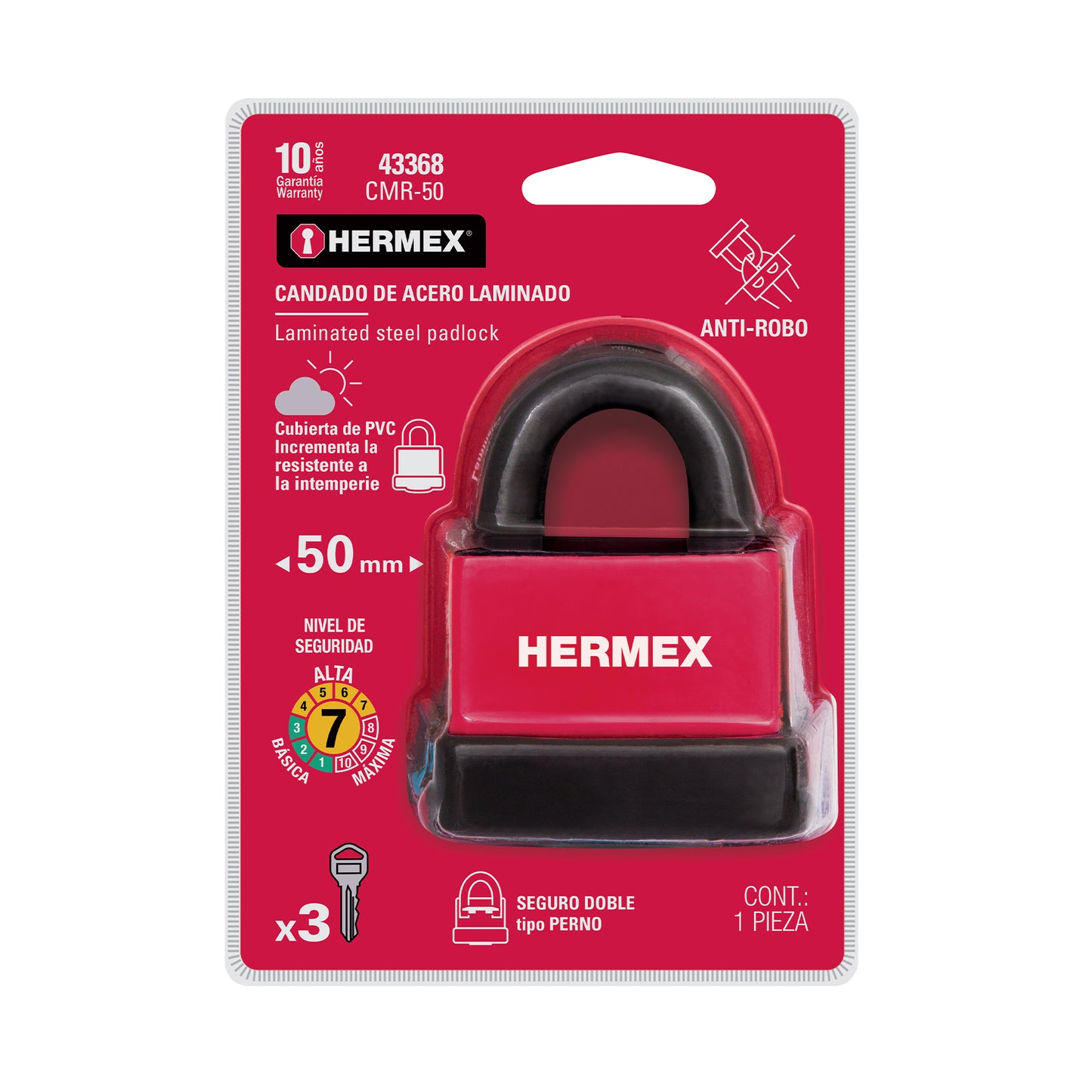 Candado laminado HERMEX de 50 mm con recubrimiento de plástico para mayor protección. Ideal para uso en interiores y exteriores