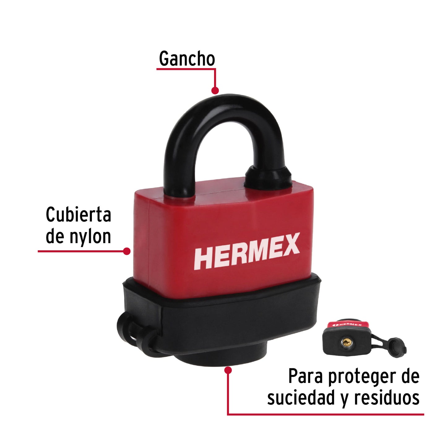 Candado laminado HERMEX de 50 mm con recubrimiento de plástico para mayor protección. Ideal para uso en interiores y exteriores
