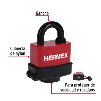 Candado laminado HERMEX de 50 mm con recubrimiento de plástico para mayor protección. Ideal para uso en interiores y exteriores