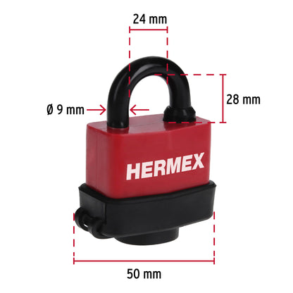 Candado laminado HERMEX de 50 mm con recubrimiento de plástico para mayor protección. Ideal para uso en interiores y exteriores