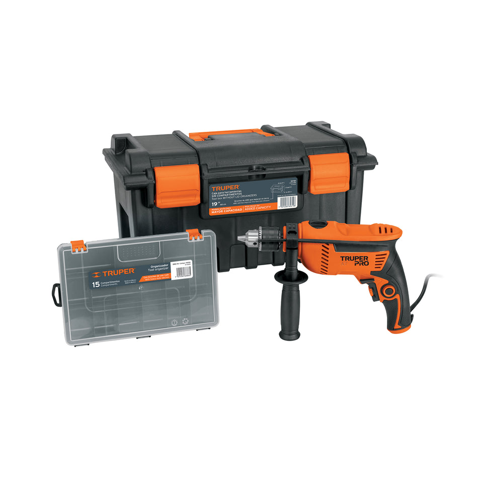 Combo Rotomartillo Profesional 1/2" 650W + Caja Herramientas 19" + Organizador 15 Compartimentos - Solución Completa para Perforación y Almacenamiento