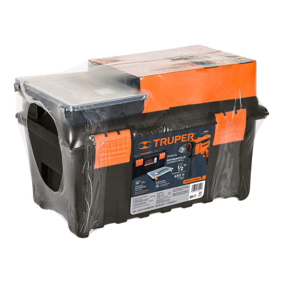 Combo Rotomartillo Profesional 1/2" 650W + Caja Herramientas 19" + Organizador 15 Compartimentos - Solución Completa para Perforación y Almacenamiento