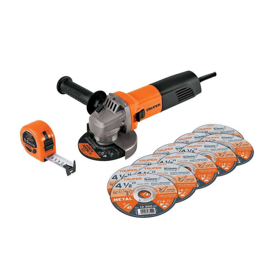 Esmeriladora 4-1/2" 750 W, 10 discos de corte Metal y flexómetro, Truper