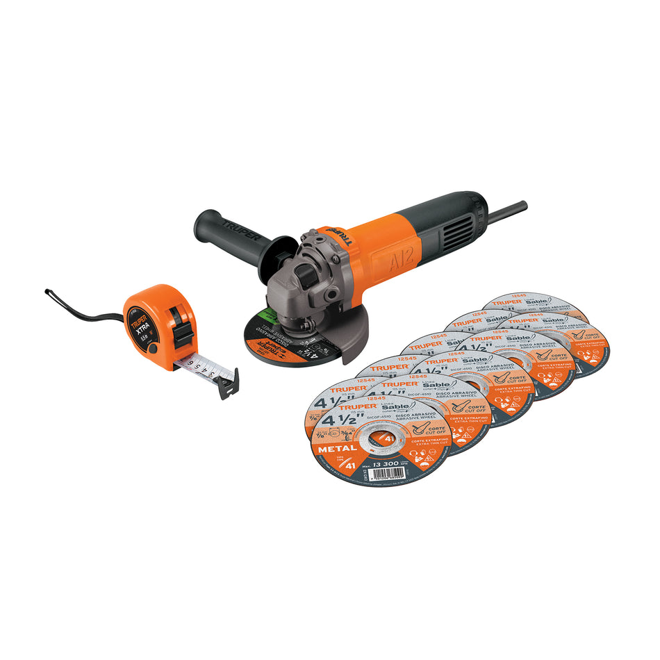 Combo Esmeriladora Angular 4-1/2 Pulgadas 700W + Flexómetro 5.5m + Discos Corte Metal - Kit Profesional Completo para Corte Preciso y Medición