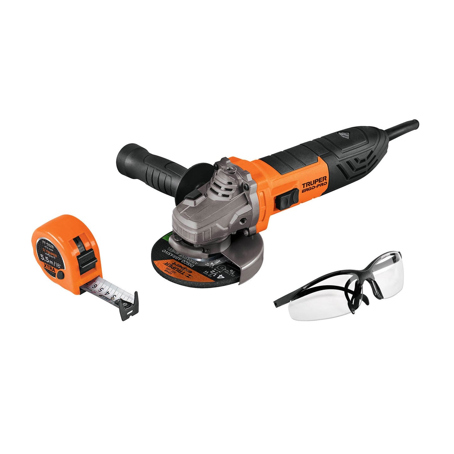 Combo Esmeriladora Profesional 4-1/2" 850W ERGO-PRO + Flexómetro 5.5m + Lentes Seguridad - Kit Completo Herramientas