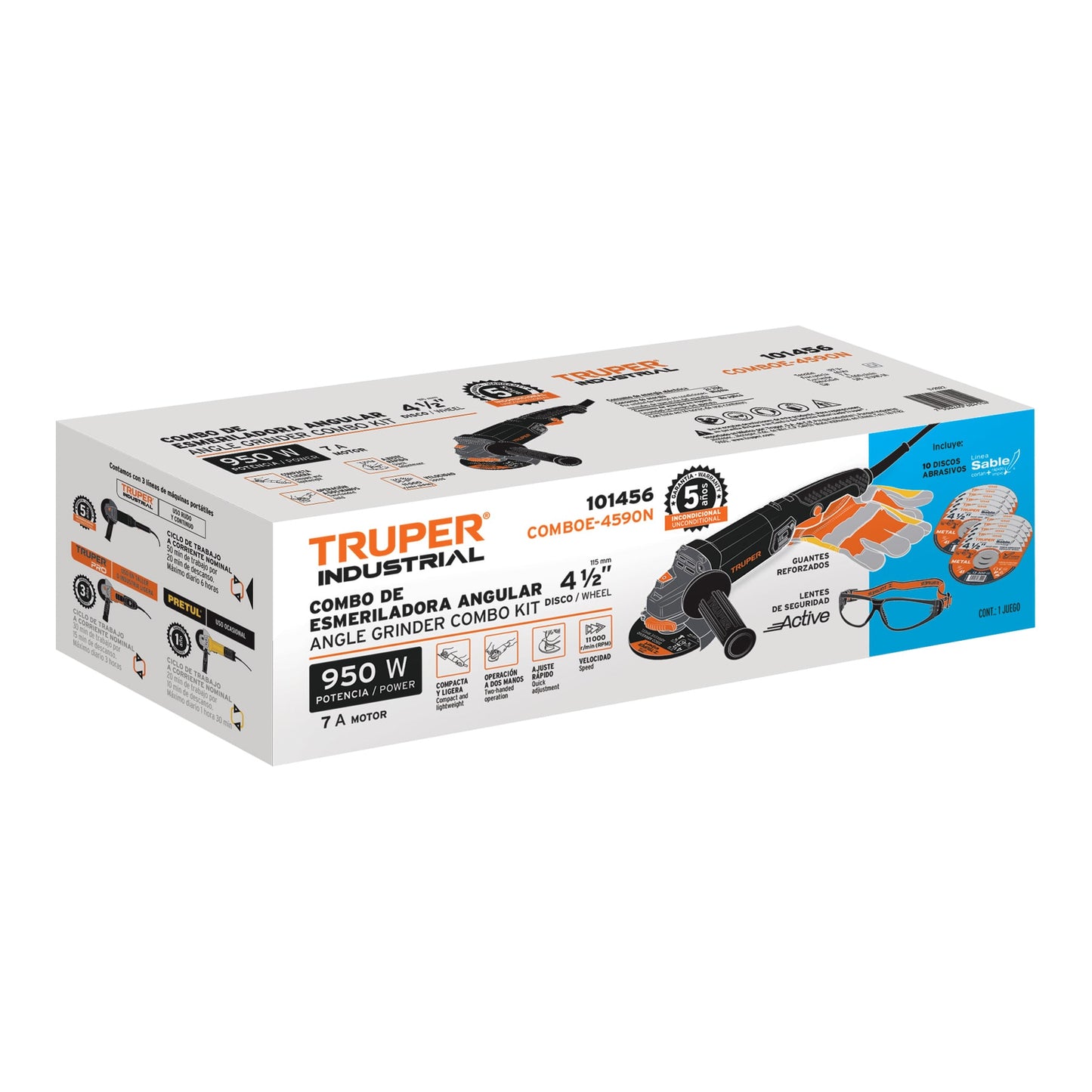 Combo Esmeriladora Industrial 4-1/2" 950W con Kit Seguridad Completo - Discos, Lentes y Guantes Profesionales COMBOE-4590N