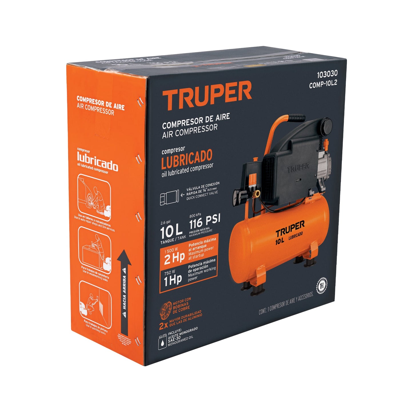 Compresor de Aire TRUPER 10L 2HP Horizontal 127V - Motor Cobre Arranque Automático para Herramientas Neumáticas Profesionale