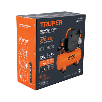 Compresor de Aire TRUPER 10L 2HP Horizontal 127V - Motor Cobre Arranque Automático para Herramientas Neumáticas Profesionale