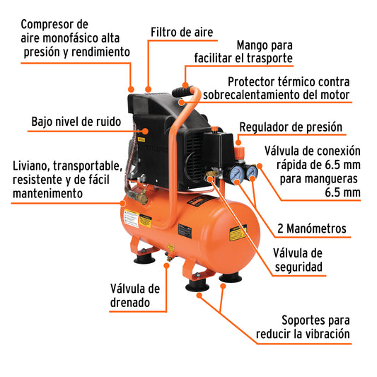 Compresor de Aire TRUPER 10L 2HP Horizontal 127V - Motor Cobre Arranque Automático para Herramientas Neumáticas Profesionale