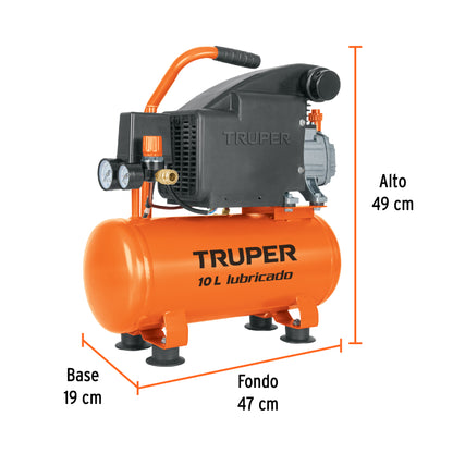 Compresor de Aire TRUPER 10L 2HP Horizontal 127V - Motor Cobre Arranque Automático para Herramientas Neumáticas Profesionale