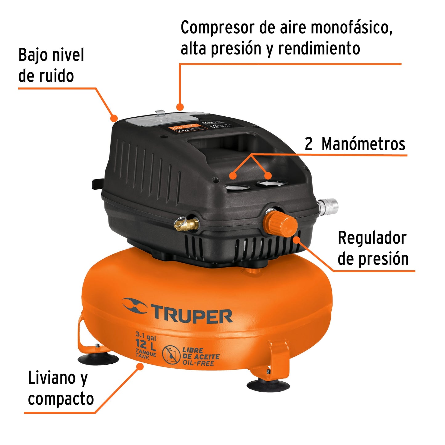 Compresor de Aire Libre de Aceite TRUPER 12L 1HP 127V - Solución Profesional para Talleres Sin Mantenimiento