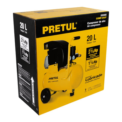 Compresor de Aire Lubricado PRETUL 20 Litros 2.5HP 127V - Motor Monofásico con Presostato Dual y Conexiones Rápidas - Solución Profesional para Herramientas Neumáticas y Talleres