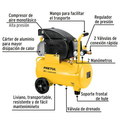 Compresor de Aire Lubricado PRETUL 20 Litros 2.5HP 127V - Motor Monofásico con Presostato Dual y Conexiones Rápidas - Solución Profesional para Herramientas Neumáticas y Talleres