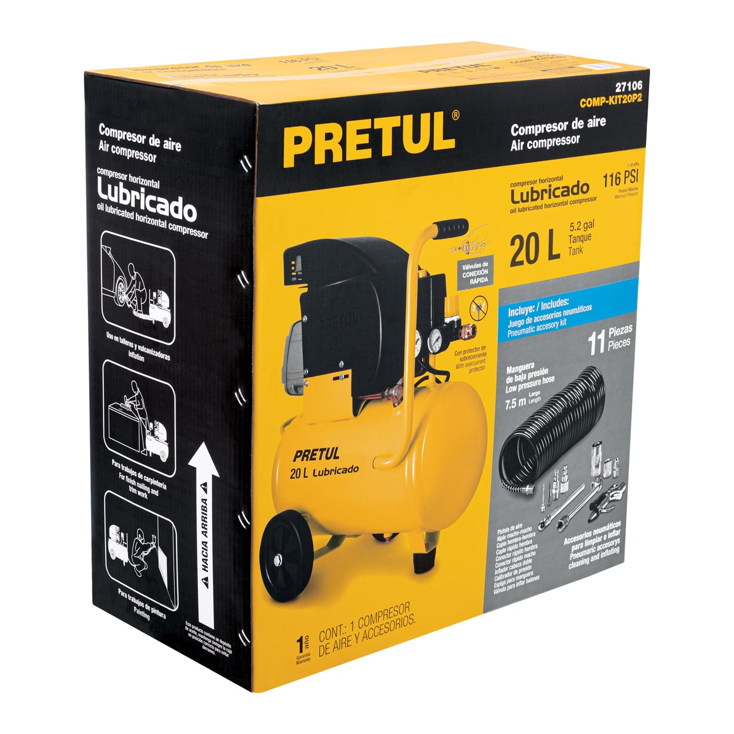 Kit Compresor de Aire PRETUL 20L 2.5HP con Manguera 7.5m y Accesorios Neumáticos - Solución Completa para Inflado y Limpieza Industrial 127V