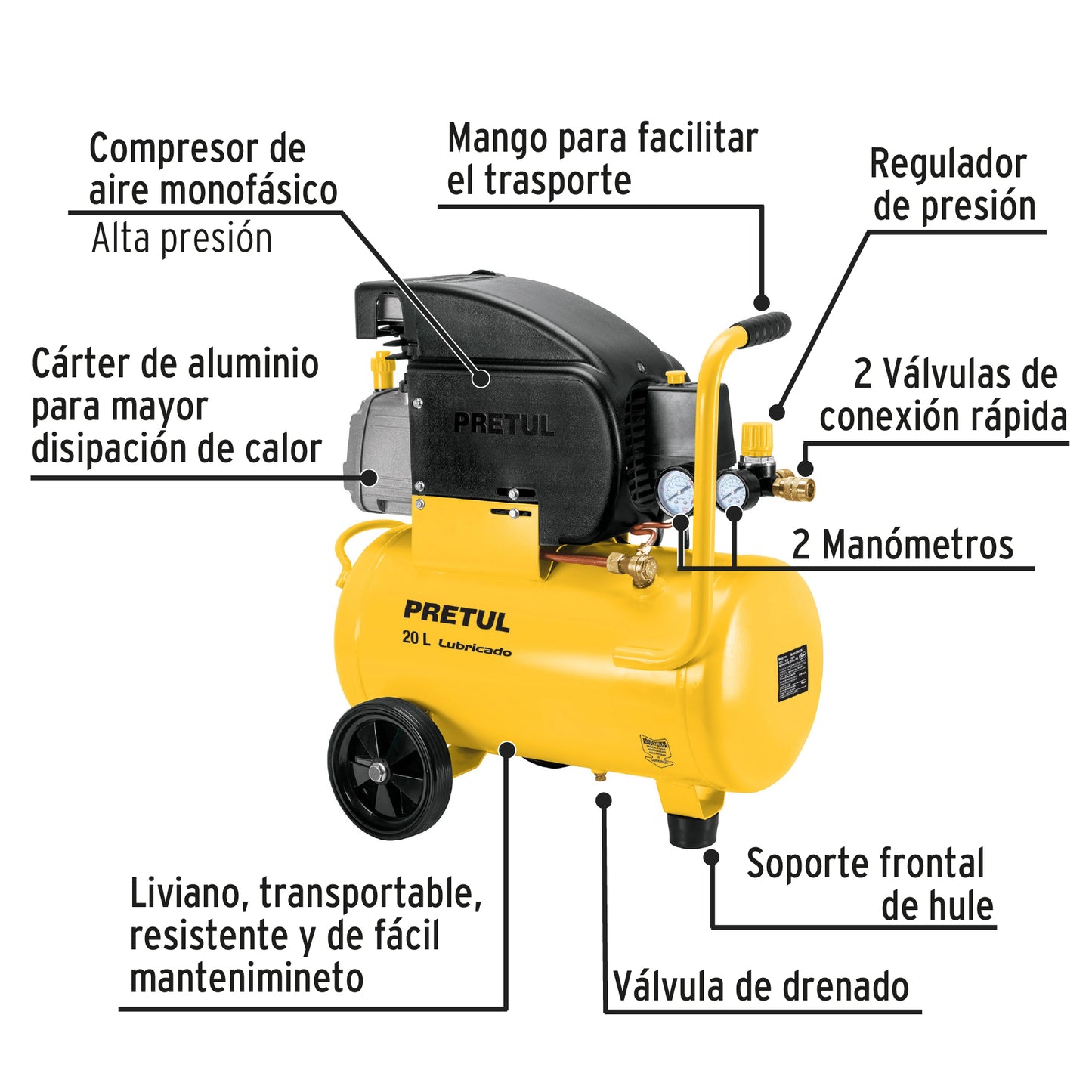 Kit Compresor de Aire PRETUL 20L 2.5HP con Manguera 7.5m y Accesorios Neumáticos - Solución Completa para Inflado y Limpieza Industrial 127V