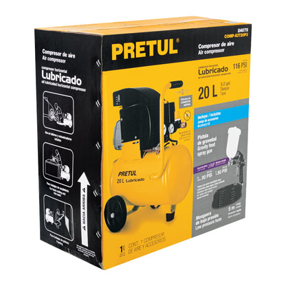 Kit Compresor de Aire 20L con Pistola y Manguera - Solución Completa para Pintura y Inflado - 2.5HP 127V PRETUL