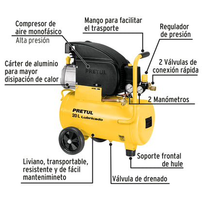 Kit Compresor de Aire 20L con Pistola y Manguera - Solución Completa para Pintura y Inflado - 2.5HP 127V PRETUL