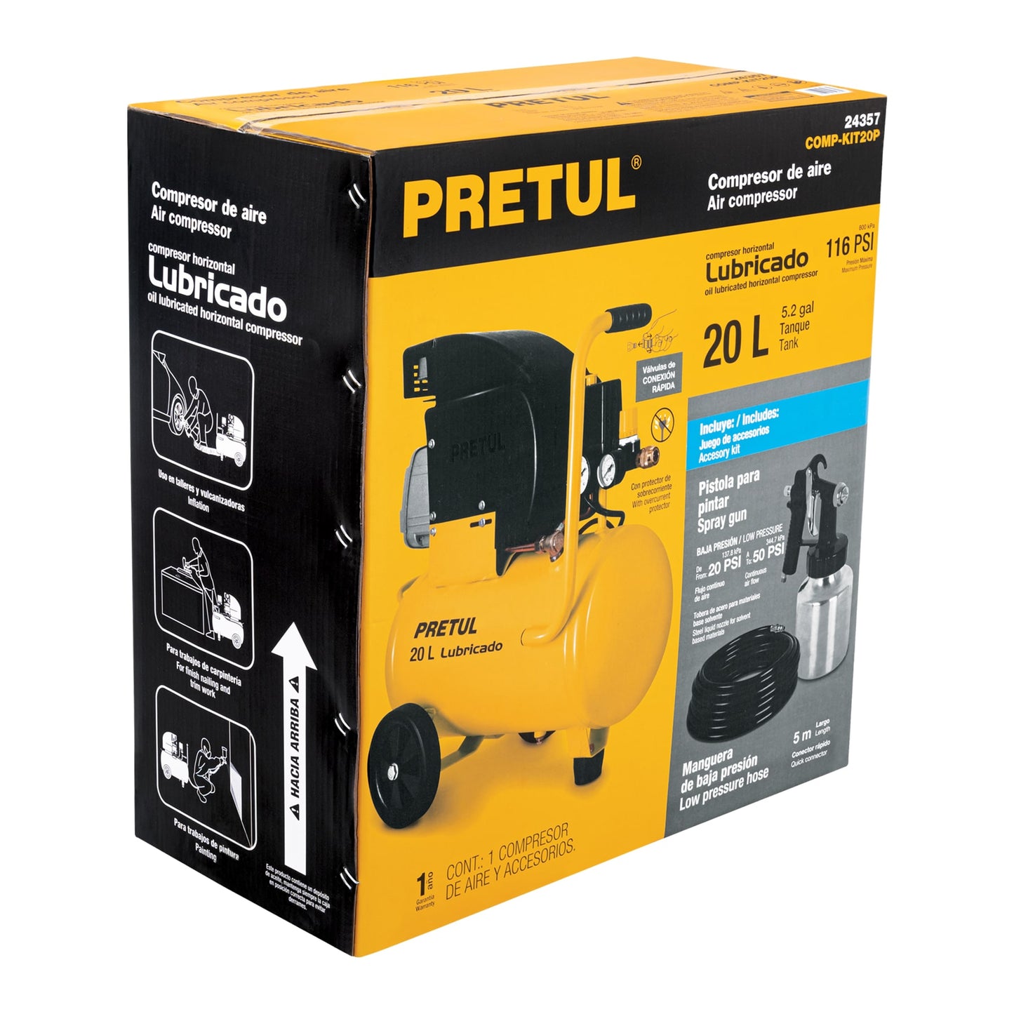 Kit Compresor de Aire 20L con Pistola de Baja Presión y Manguera 5m - Solución Completa para Pintura y Aplicaciones Neumáticas 127V PRETUL - Ideal para Talleres y Proyectos de Bricolaje