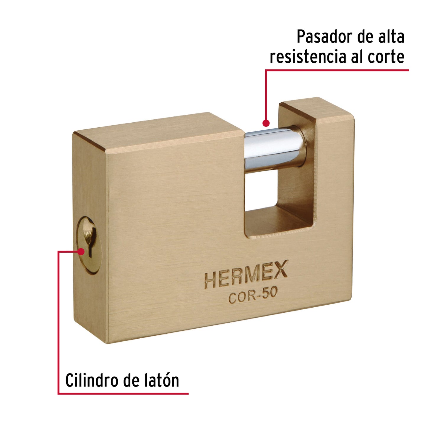 Candado antipalanca 50mm con cuerpo de latón y llave tradicional HERMEX