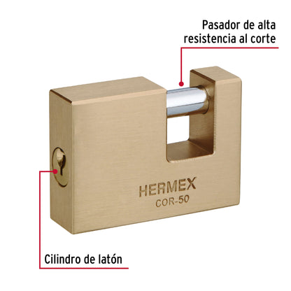 Candado antipalanca 50mm con cuerpo de latón y llave tradicional HERMEX