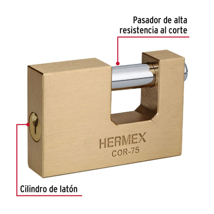 Candado Antipalanca 75mm Latón HERMEX | Seguridad Profesional Llave Tradicional