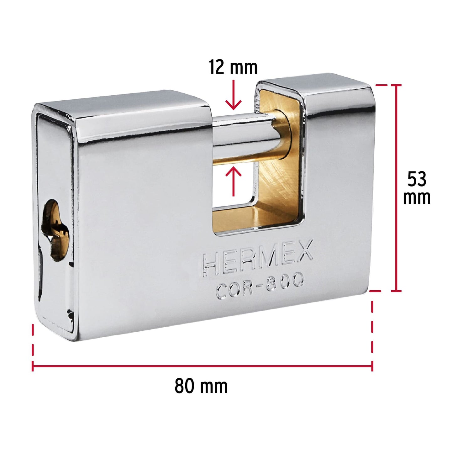 Candado antipalanca blindado HERMEX 80mm con llave de puntos. Alta seguridad para puertas, bodegas y rejas