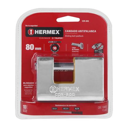 Candado antipalanca blindado HERMEX 80mm con llave de puntos. Alta seguridad para puertas, bodegas y rejas