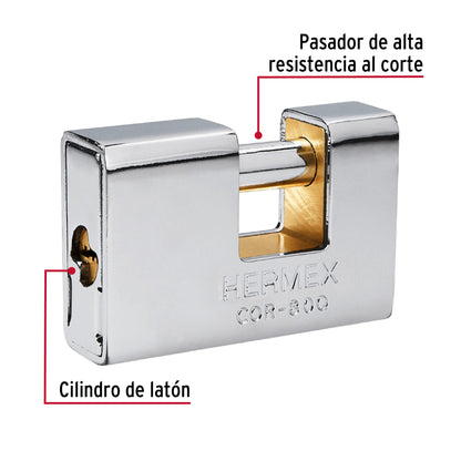 Candado antipalanca blindado HERMEX 80mm con llave de puntos. Alta seguridad para puertas, bodegas y rejas