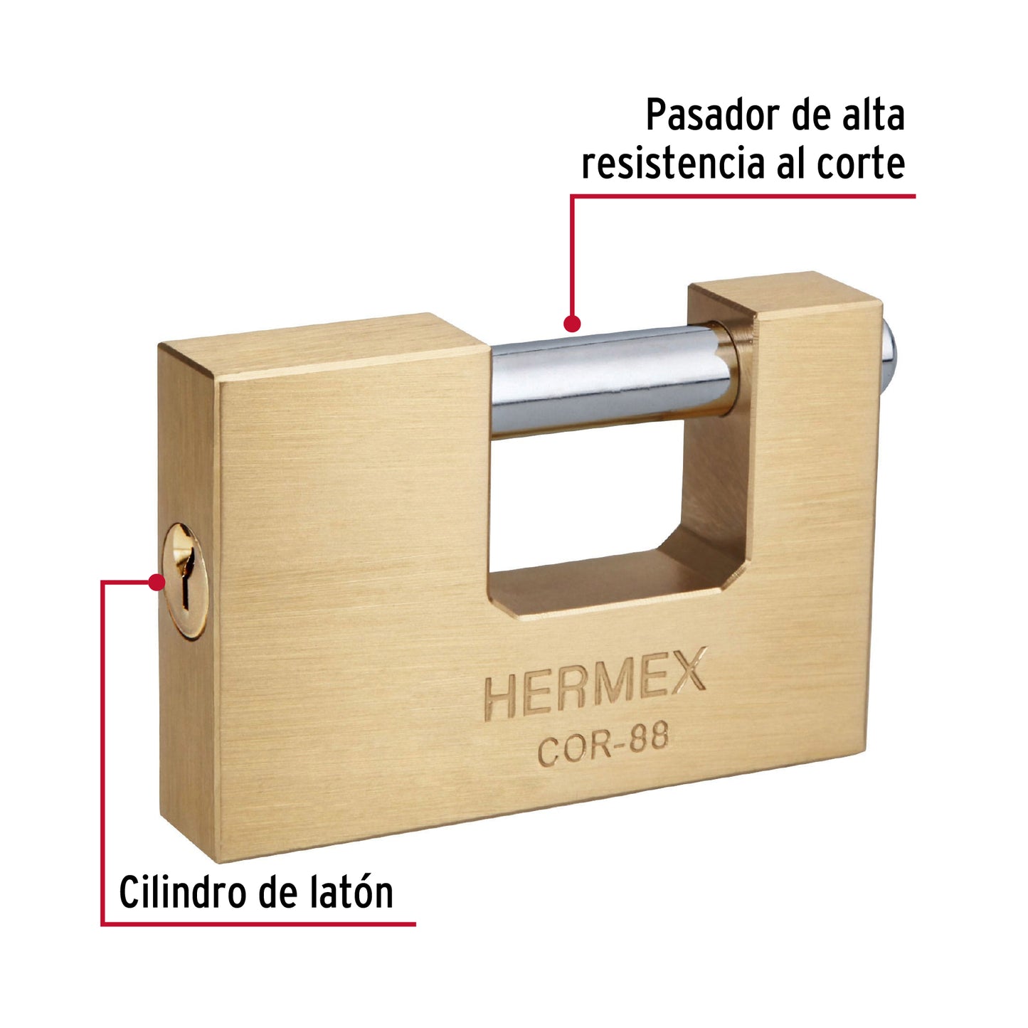 Candado antipalanca 88mm con cuerpo de latón y llave tradicional HERMEX. Alta resistencia al corte y palanca. Ideal para uso exterior e industrial