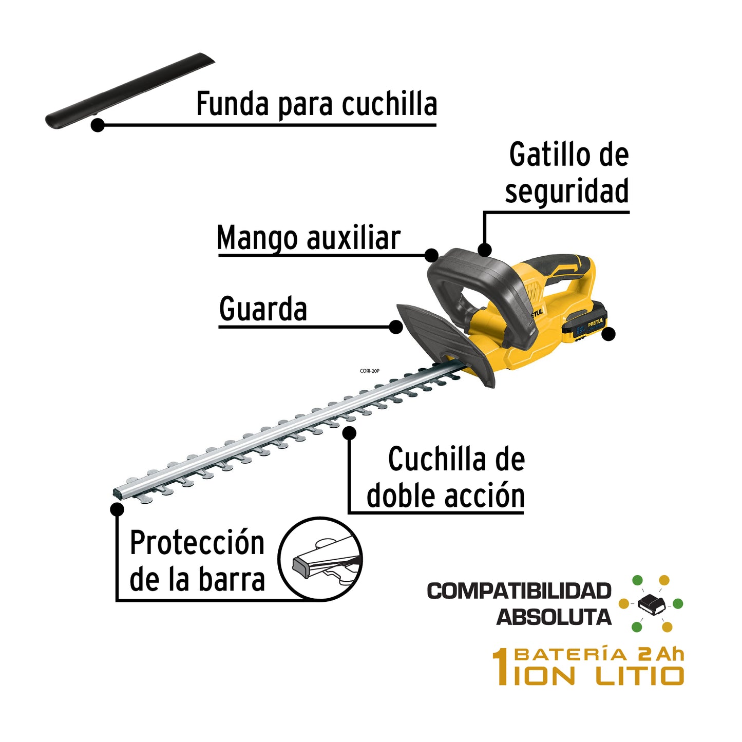 Cortasetos Inalámbrico PRETUL 20V con Batería 2Ah - Cuchillas Doble Filo para Poda Profesional de Setos y Arbustos - Corte Máximo 10mm