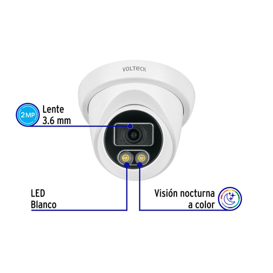 Cámara tipo domo 2MP VOLTECK con lente 3.6mm. Posicionamiento flexible