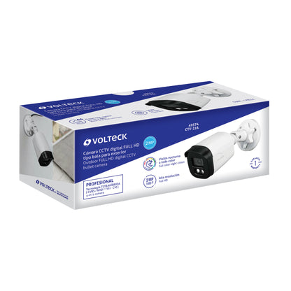 Cámara de seguridad tipo bala VOLTECK 2MP con lente 3.6mm. Ideal para vigilancia exterior e interior.