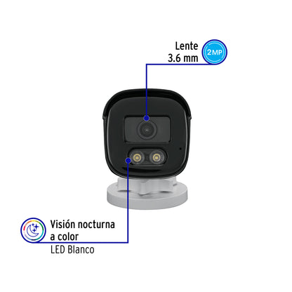 Cámara de seguridad tipo bala VOLTECK 2MP con lente 3.6mm. Ideal para vigilancia exterior e interior.