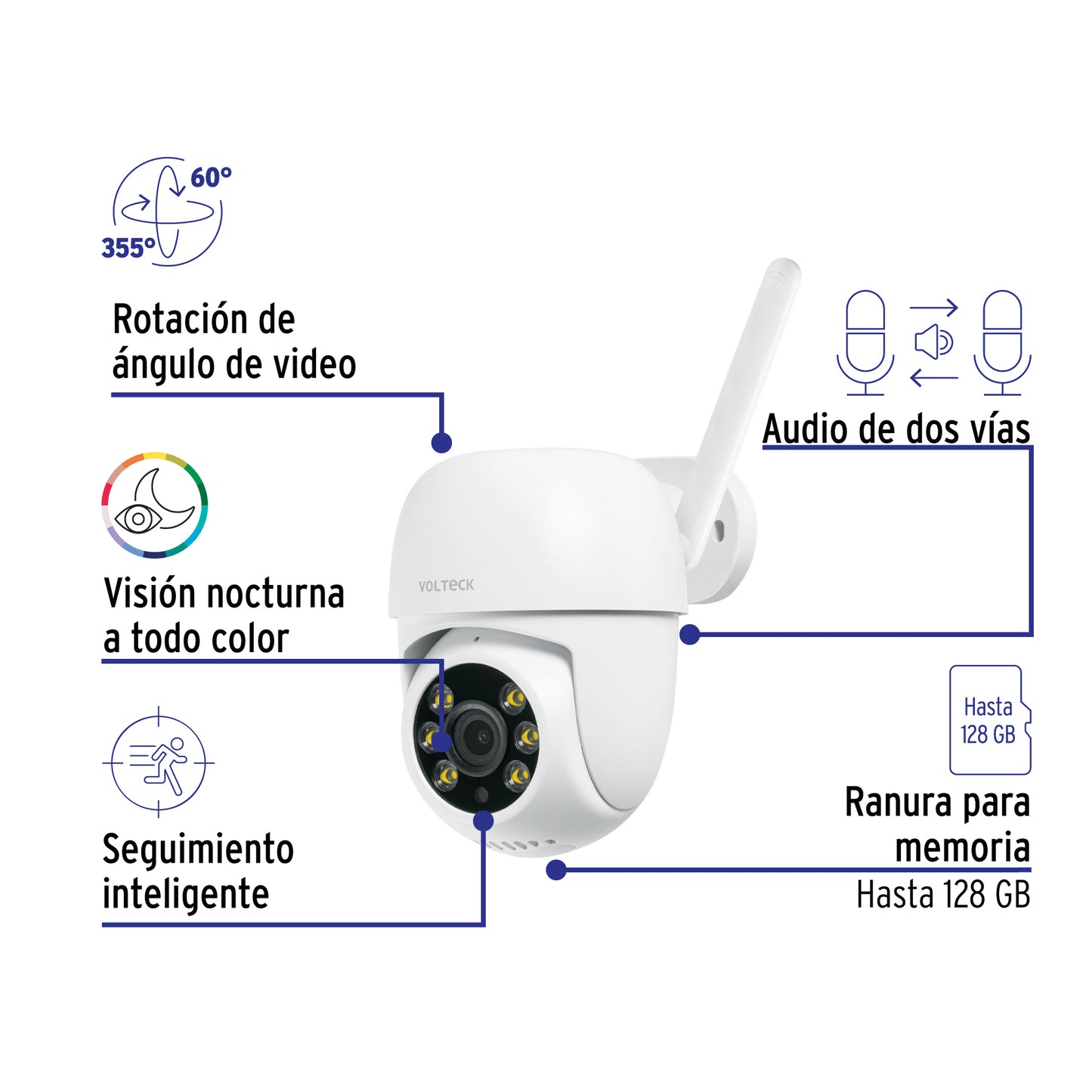 Cámara de seguridad WiFi robotizada tipo domo 3MP VOLTECK. Monitoreo inteligente para tu hogar o negocio