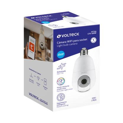 Cámara de seguridad WiFi para socket con resolución 4MP VOLTECK. Fácil instalación, visión nocturna y acceso remoto