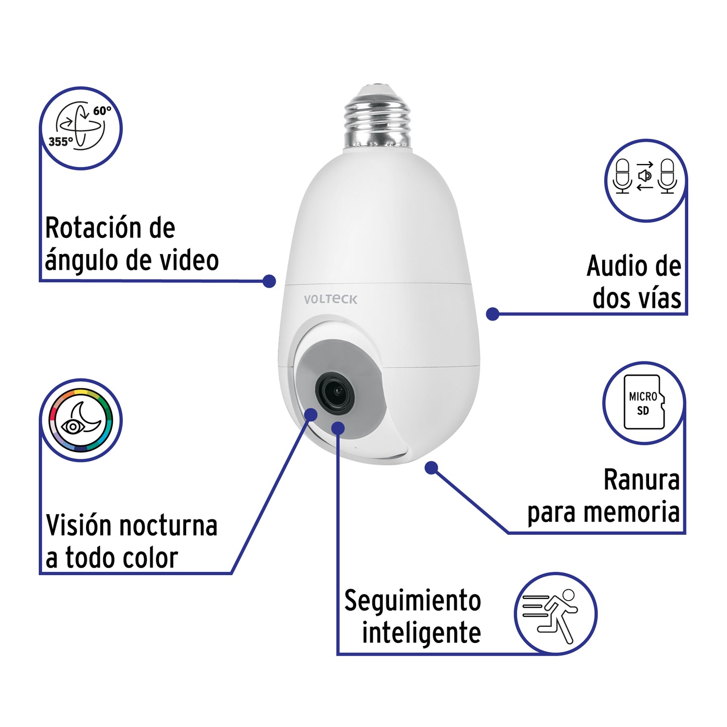 Cámara de seguridad WiFi para socket con resolución 4MP VOLTECK. Fácil instalación, visión nocturna y acceso remoto