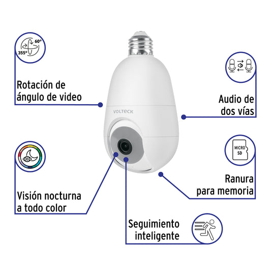 Cámara de seguridad WiFi para socket con resolución 4MP VOLTECK. Fácil instalación, visión nocturna y acceso remoto
