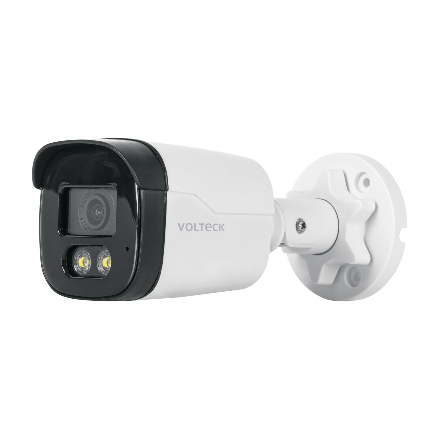 Cámara tipo bala VOLTECK 5MP, lente 2.8mm, micrófono integrado, posicionamiento ajustable. Ideal para vigilancia exterior e interior.