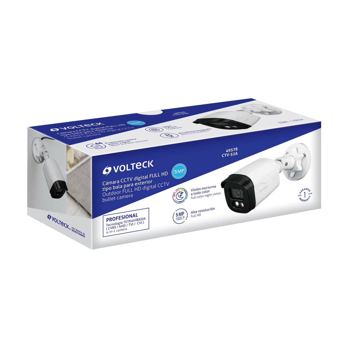 Cámara tipo bala VOLTECK 5MP, lente 2.8mm, micrófono integrado, posicionamiento ajustable. Ideal para vigilancia exterior e interior.