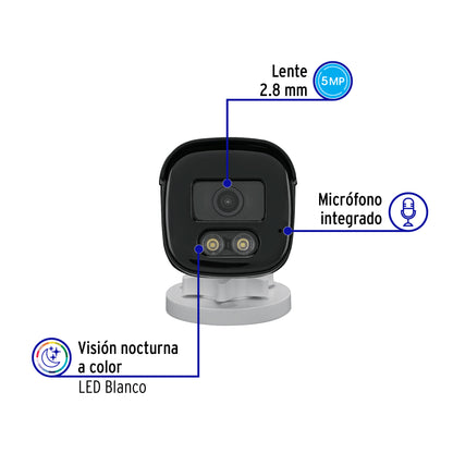 Cámara tipo bala VOLTECK 5MP, lente 2.8mm, micrófono integrado, posicionamiento ajustable. Ideal para vigilancia exterior e interior.