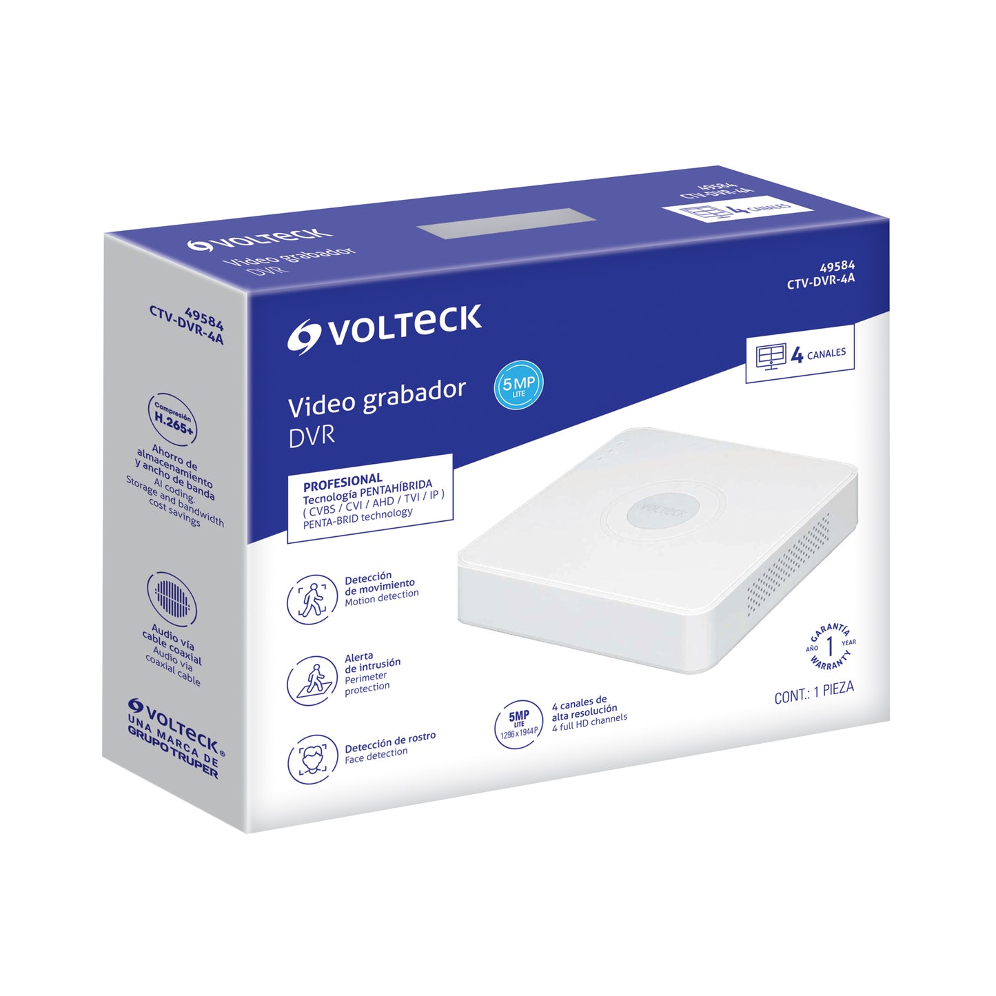 Grabador DVR VOLTECK de 4 canales y 5MP. Conexión por cable estable, posicionamiento flexible de cámaras y acceso remoto. Ideal para negocios y hogar.