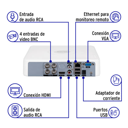 Grabador DVR VOLTECK de 4 canales y 5MP. Conexión por cable estable, posicionamiento flexible de cámaras y acceso remoto. Ideal para negocios y hogar.