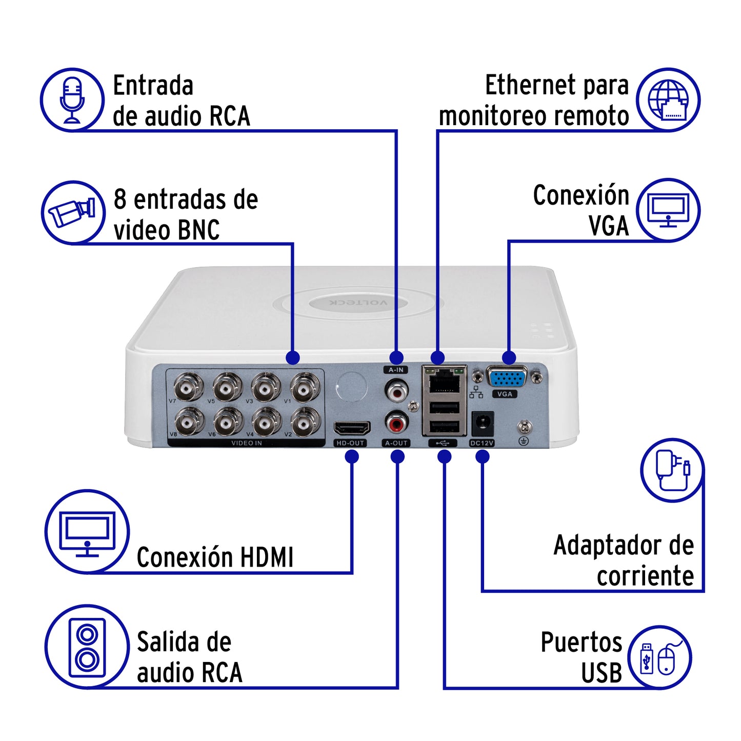DVR VOLTECK 8 canales 5MP para posicionamiento total de cámaras. Grabación por cable estable, imagen HD y monitoreo 24/7. Ideal para