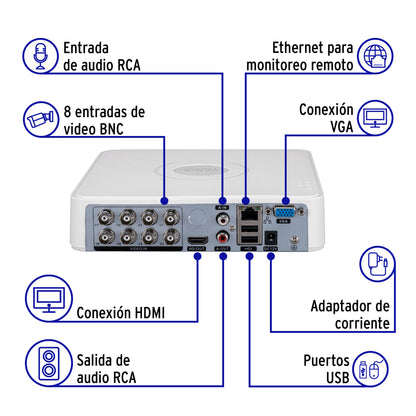 DVR VOLTECK 8 canales 5MP para posicionamiento total de cámaras. Grabación por cable estable, imagen HD y monitoreo 24/7. Ideal para