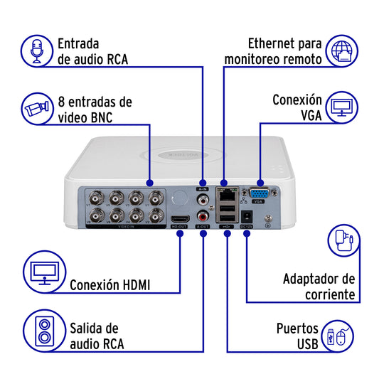 DVR VOLTECK 8 canales 5MP para posicionamiento total de cámaras. Grabación por cable estable, imagen HD y monitoreo 24/7. Ideal para