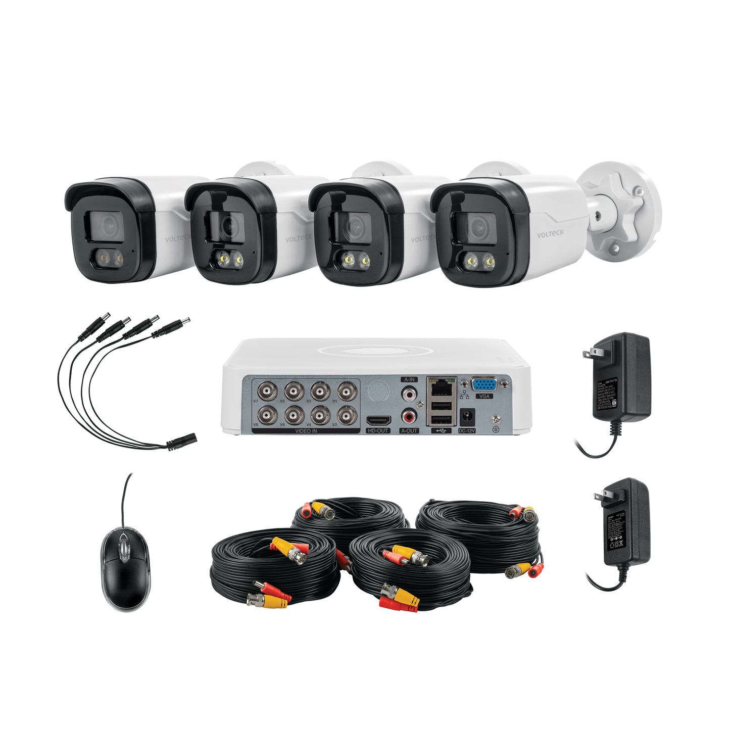 Kit de videovigilancia VOLTECK® con DVR 8 canales, 4 cámaras de 5MP y disco duro de 1TB. Ideal para negocios y hogares.