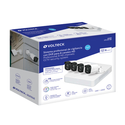 Kit de videovigilancia VOLTECK® con DVR 8 canales, 4 cámaras de 5MP y disco duro de 1TB. Ideal para negocios y hogares.