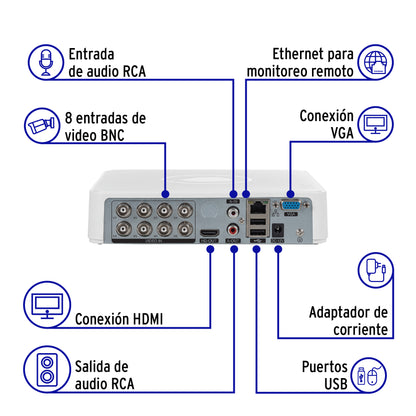 Kit de videovigilancia VOLTECK® con DVR 8 canales, 4 cámaras de 5MP y disco duro de 1TB. Ideal para negocios y hogares.