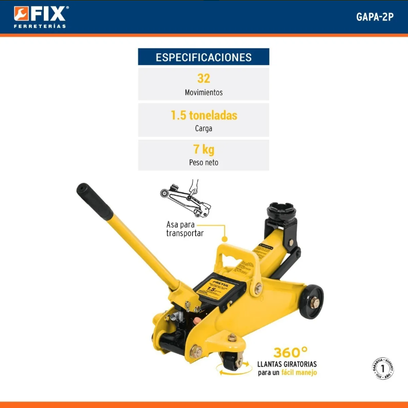 Gato Hidráulico de Patín 1.5 Toneladas Pretul GAPA-2P - Levantamiento Seguro de Vehículos con 32 Movimientos y Ruedas Giratorias